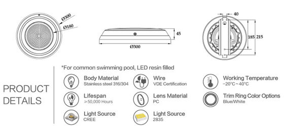lumières fixées au mur de piscine de 12V 12W SS316